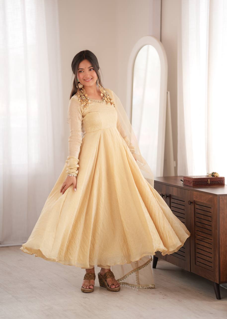 Royal Ivory Silk Anarkali Gown with Elegant Embellished Neckline & Dupatta
