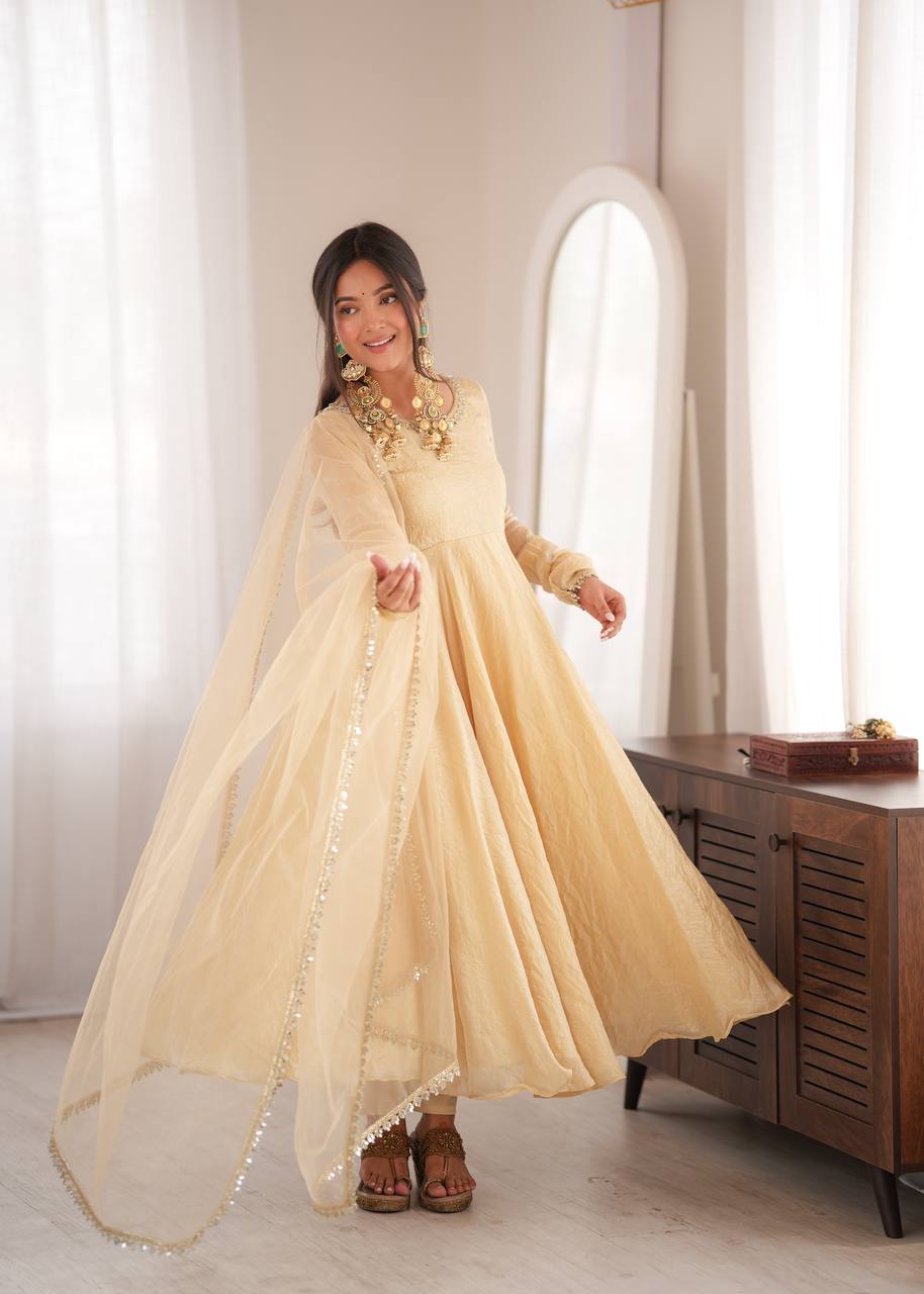 Royal Ivory Silk Anarkali Gown with Elegant Embellished Neckline & Dupatta