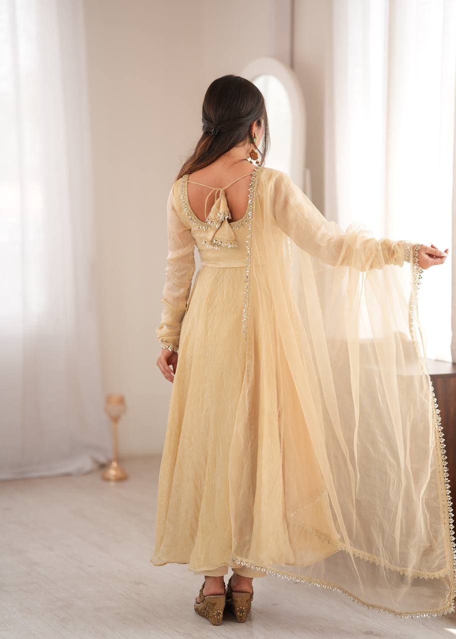 Royal Ivory Silk Anarkali Gown with Elegant Embellished Neckline & Dupatta