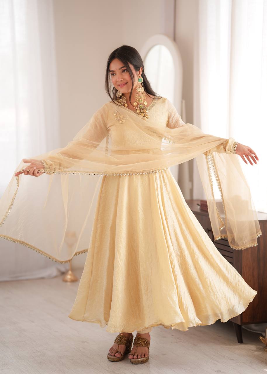 Royal Ivory Silk Anarkali Gown with Elegant Embellished Neckline & Dupatta
