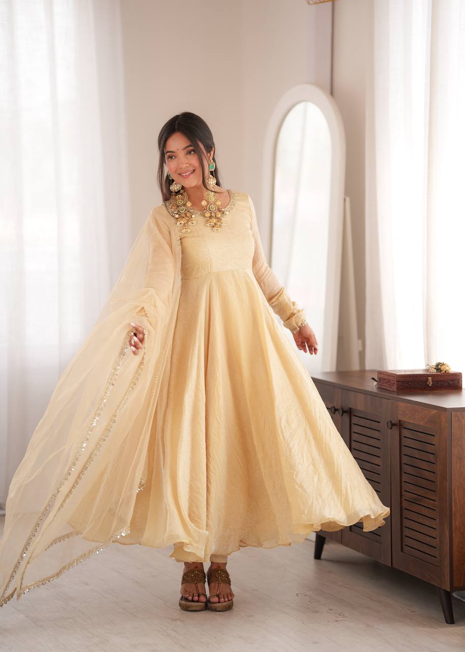 Royal Ivory Silk Anarkali Gown with Elegant Embellished Neckline & Dupatta