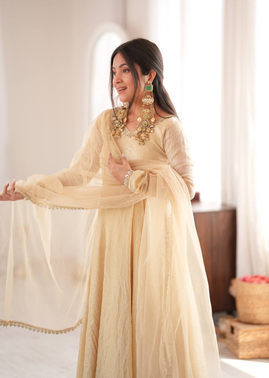 Royal Ivory Silk Anarkali Gown with Elegant Embellished Neckline & Dupatta