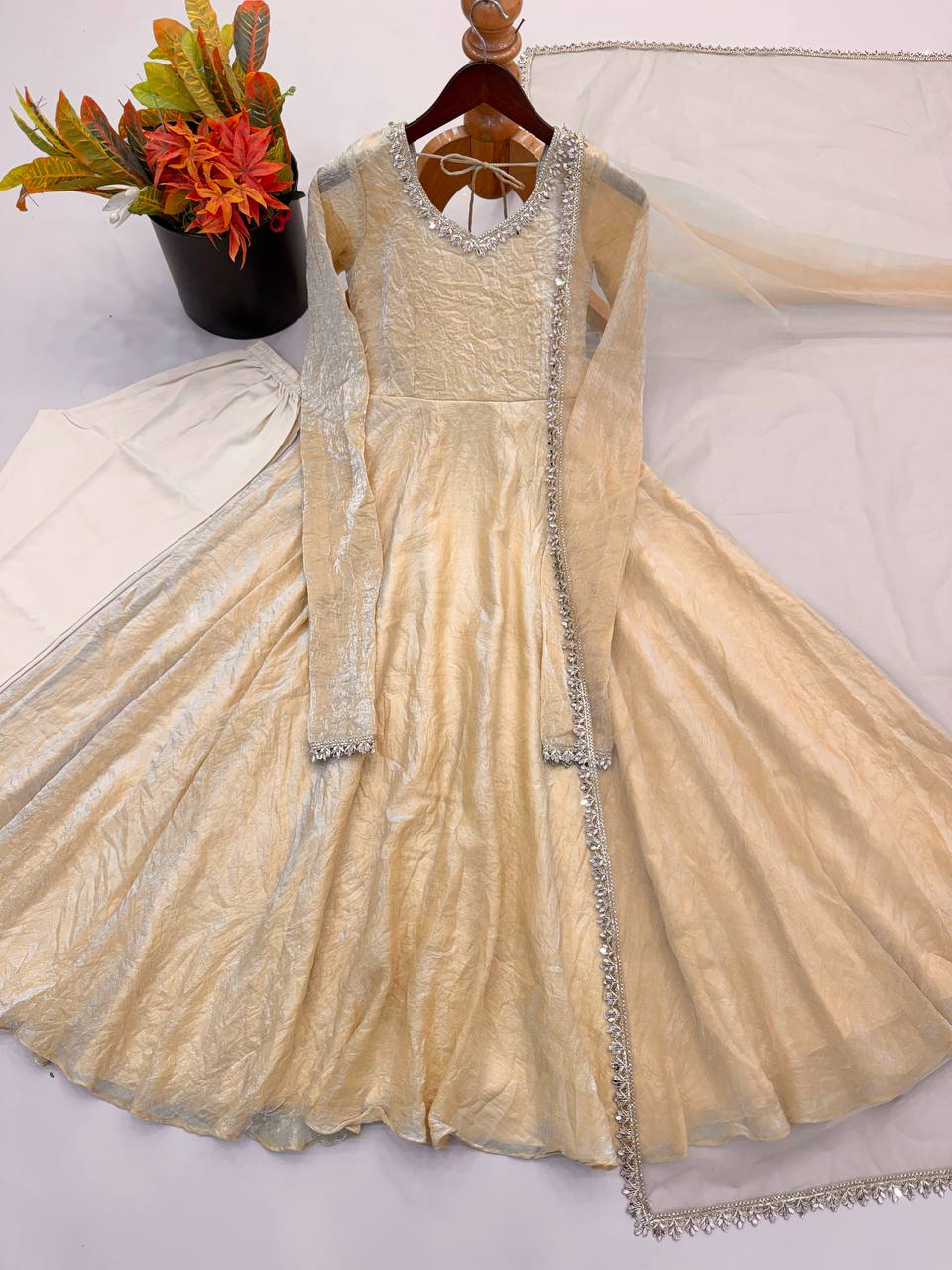 Royal Ivory Silk Anarkali Gown with Elegant Embellished Neckline & Dupatta