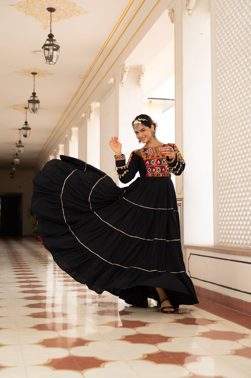 Black Multicolor Ethnic Mirror Embroidered Gown