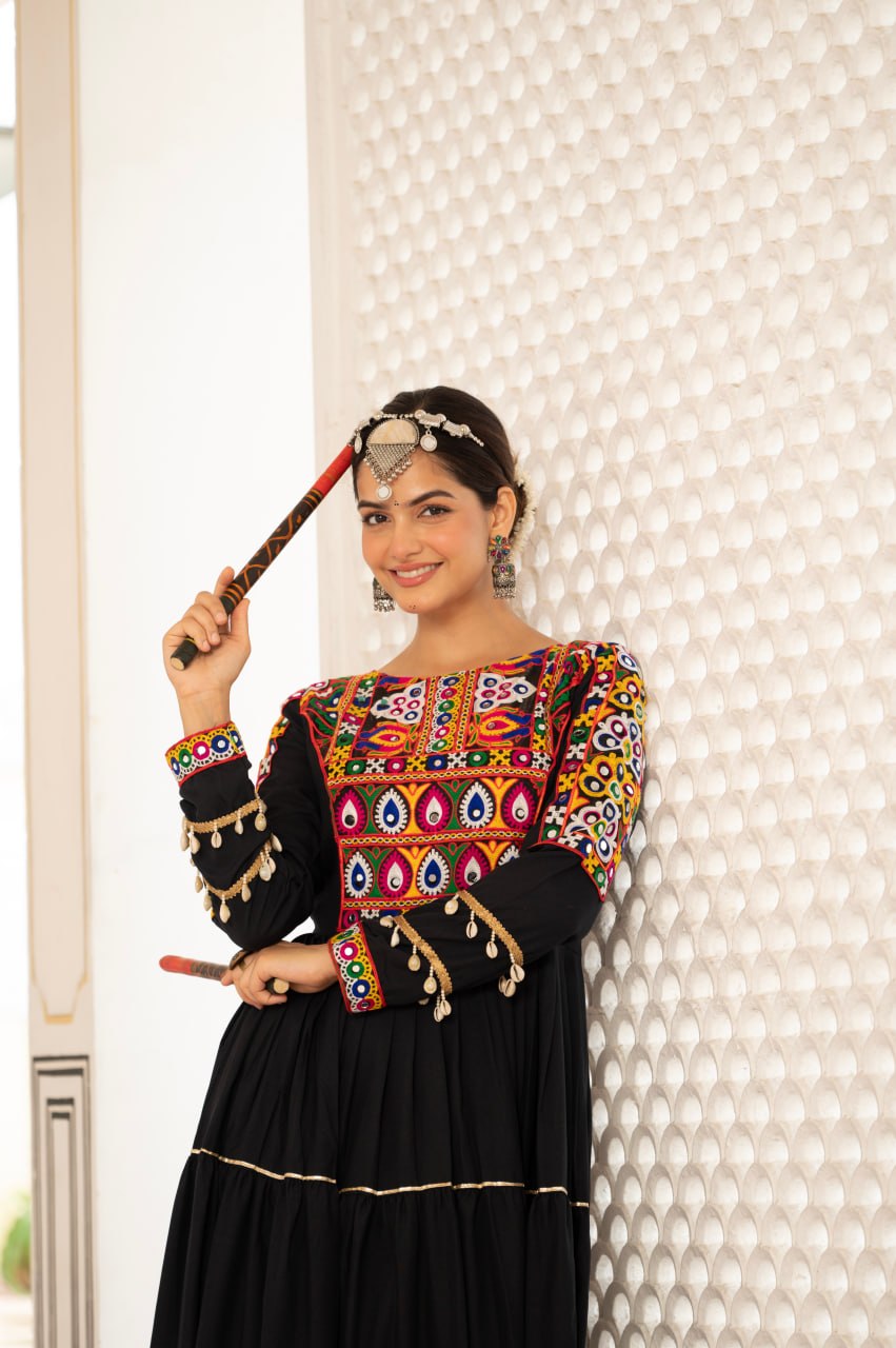 Black Multicolor Ethnic Mirror Embroidered Gown