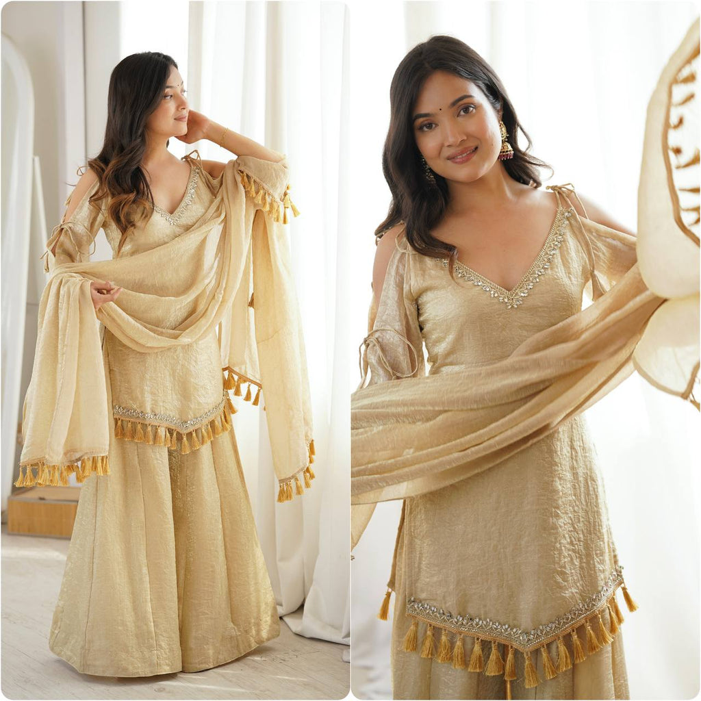 Ivory Gold Mirror Work Kurti Palazzo Set with Designer Tassel Dupatta