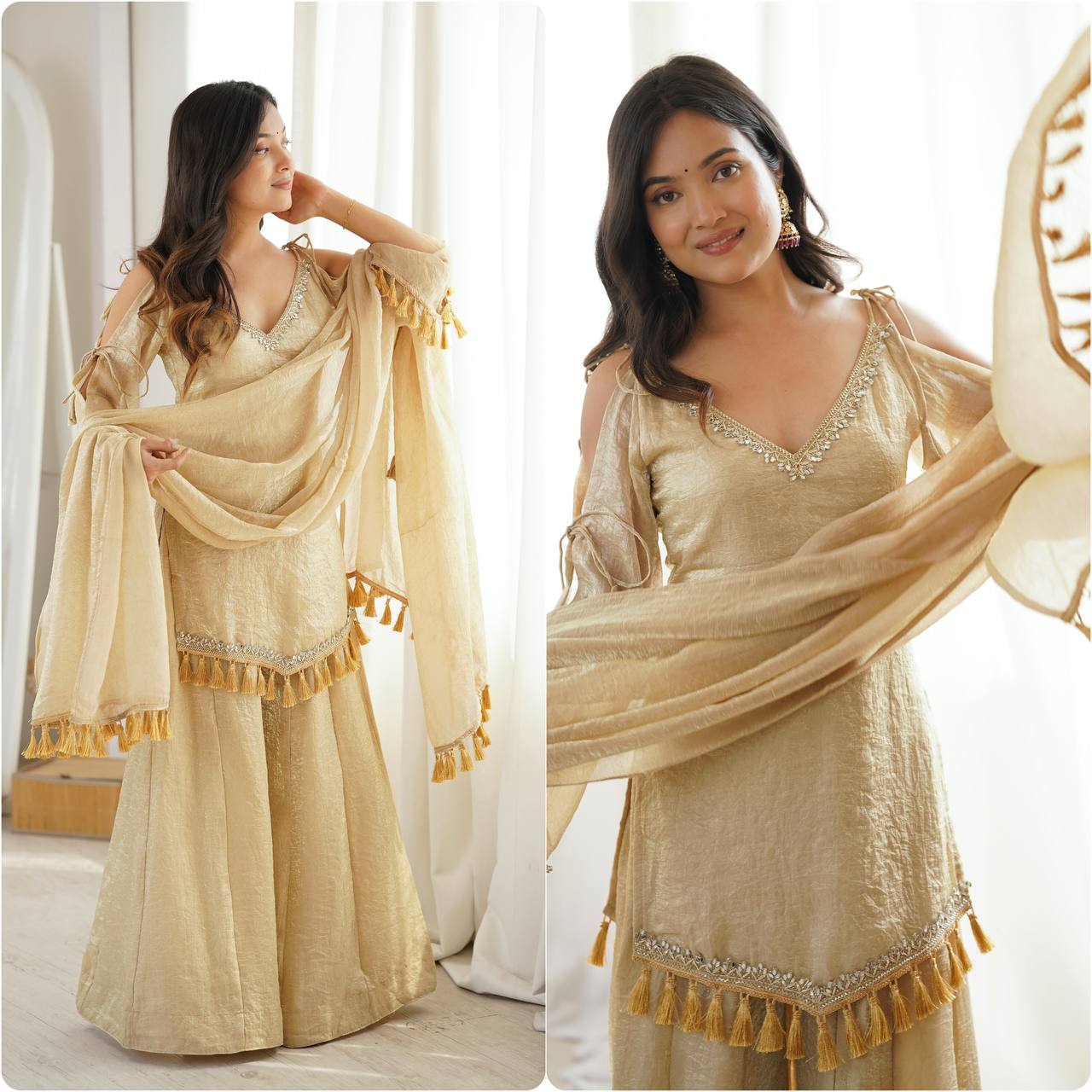 Ivory Gold Mirror Work Kurti Palazzo Set with Designer Tassel Dupatta