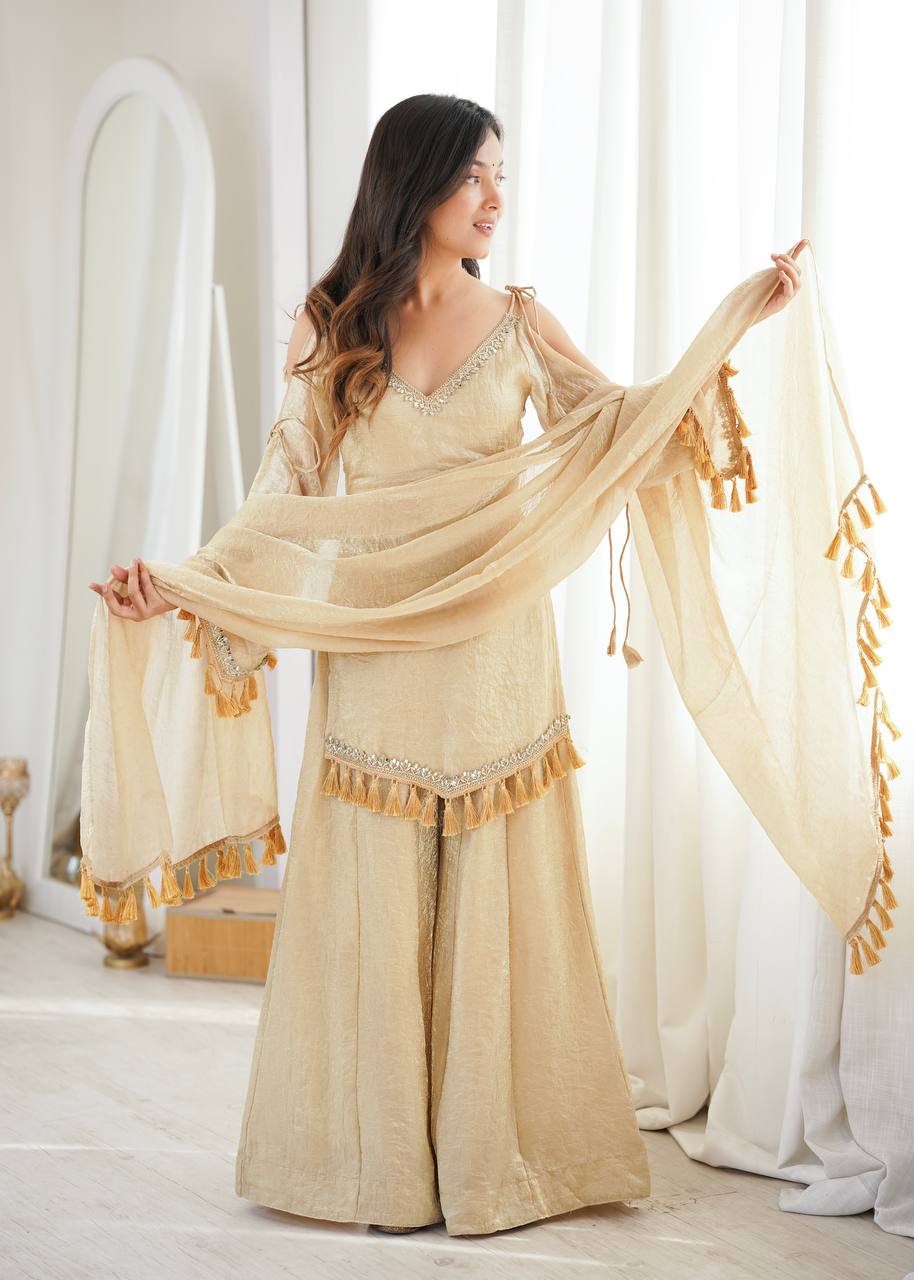 Ivory Gold Mirror Work Kurti Palazzo Set with Designer Tassel Dupatta