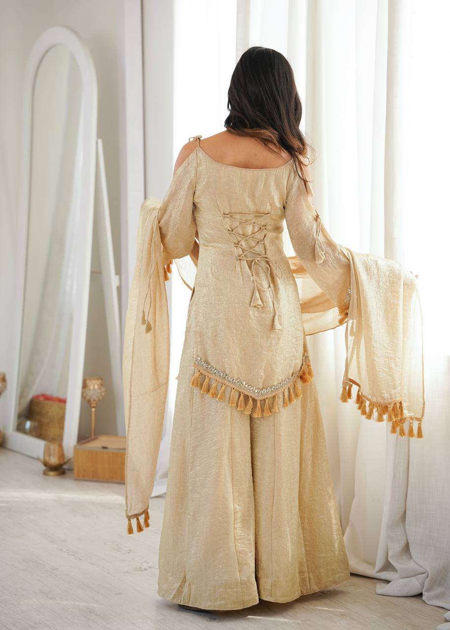 Ivory Gold Mirror Work Kurti Palazzo Set with Designer Tassel Dupatta