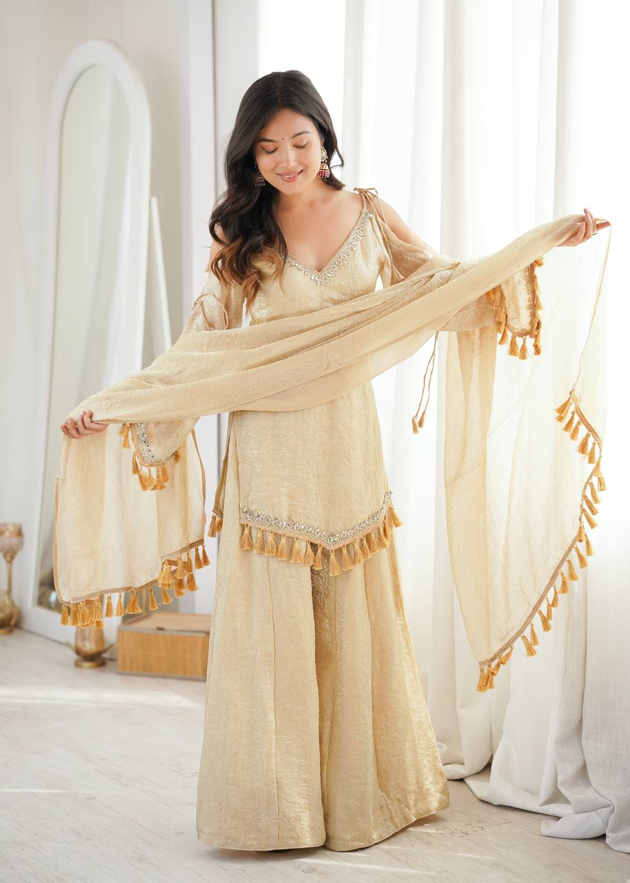 Ivory Gold Mirror Work Kurti Palazzo Set with Designer Tassel Dupatta