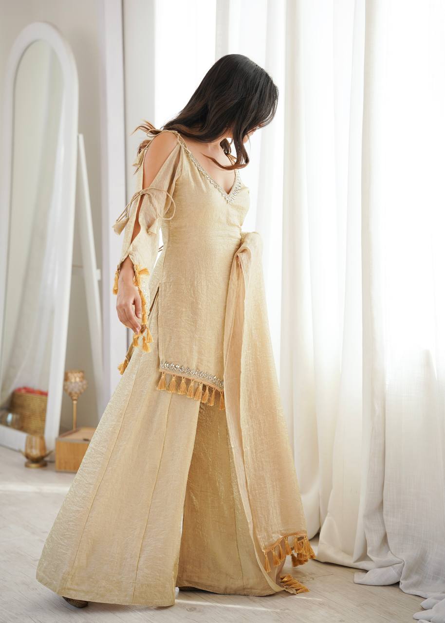 Ivory Gold Mirror Work Kurti Palazzo Set with Designer Tassel Dupatta