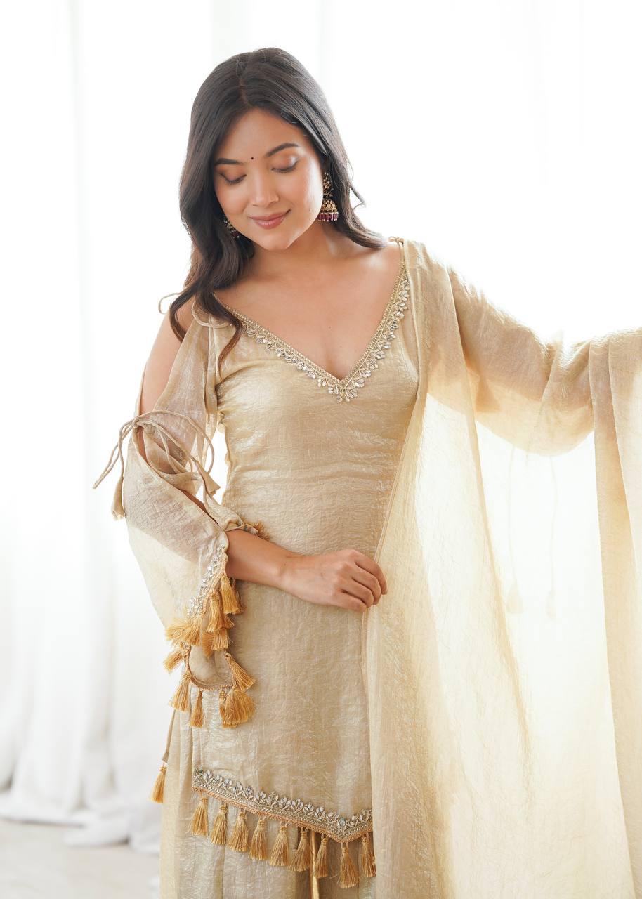 Ivory Gold Mirror Work Kurti Palazzo Set with Designer Tassel Dupatta