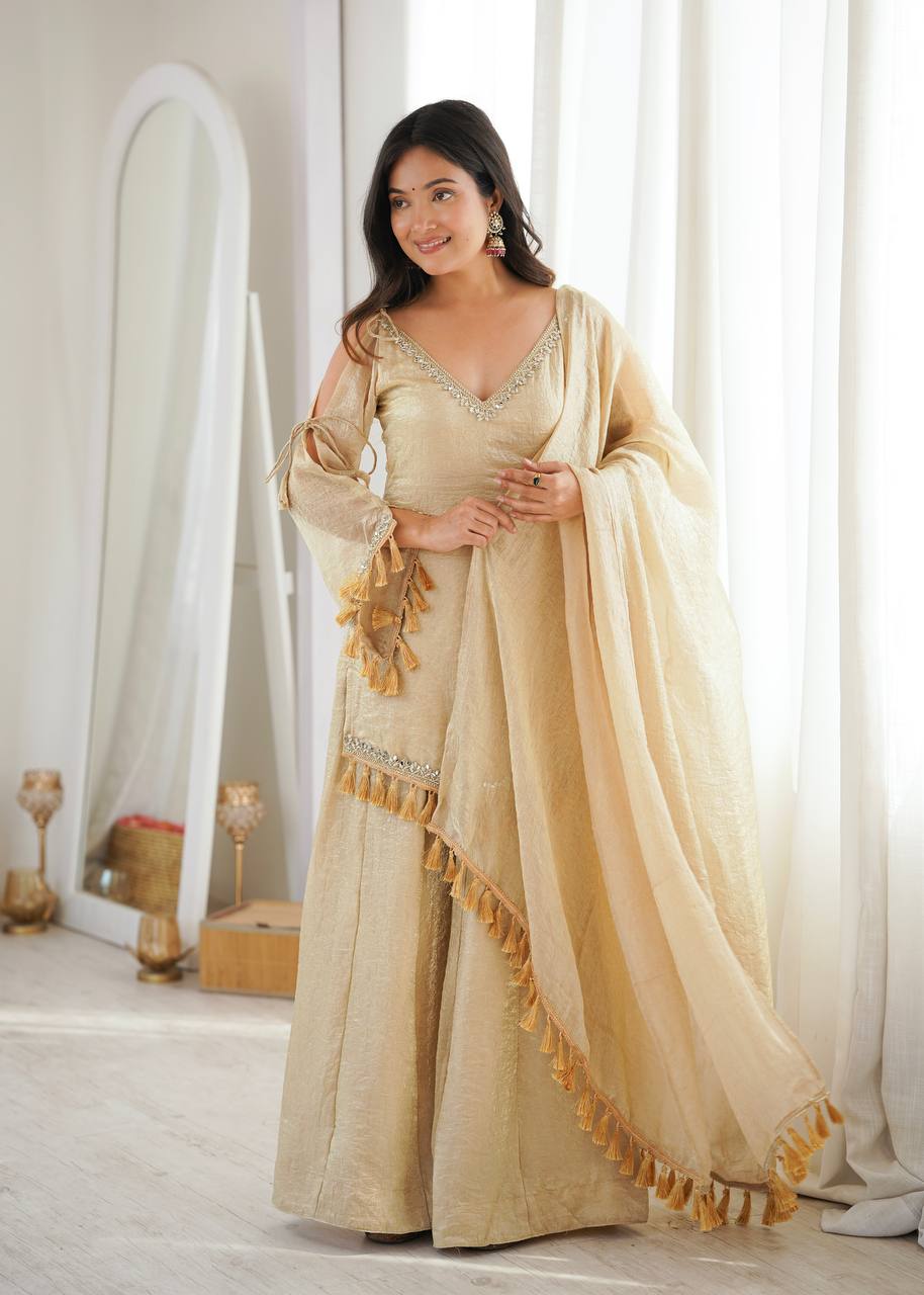 Ivory Gold Mirror Work Kurti Palazzo Set with Designer Tassel Dupatta