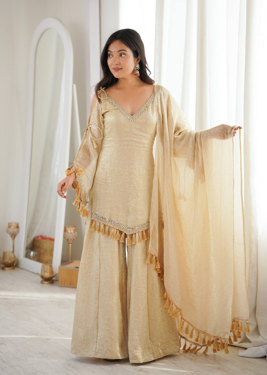 Ivory Gold Mirror Work Kurti Palazzo Set with Designer Tassel Dupatta