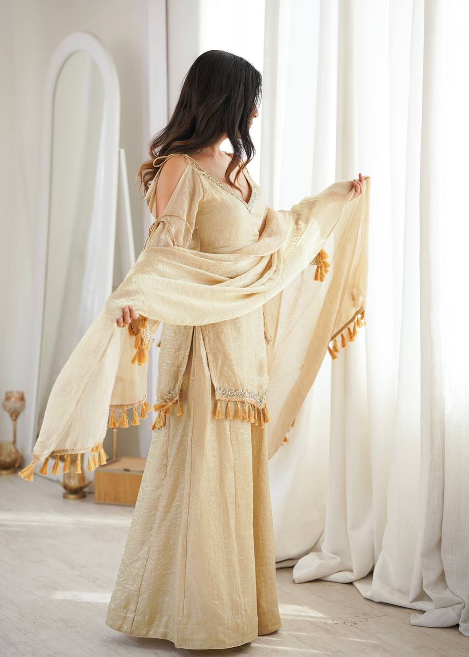 Ivory Gold Mirror Work Kurti Palazzo Set with Designer Tassel Dupatta