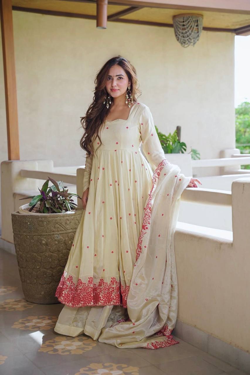 Ivory Cream Floral Embroidered Anarkali Gown with Delicate Red Butti Work, Intricate Floral Hem Border & Matching Dupatta