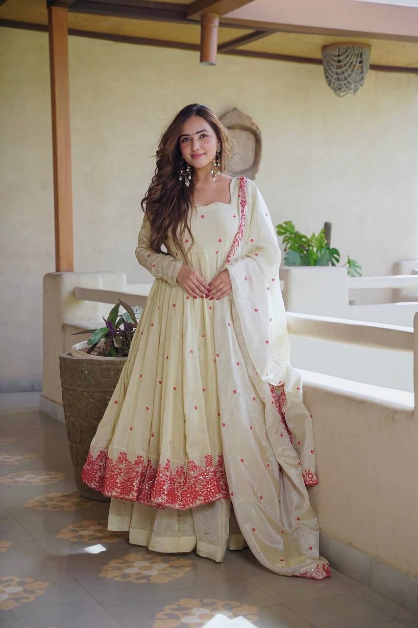 Ivory Cream Floral Embroidered Anarkali Gown with Delicate Red Butti Work, Intricate Floral Hem Border & Matching Dupatta