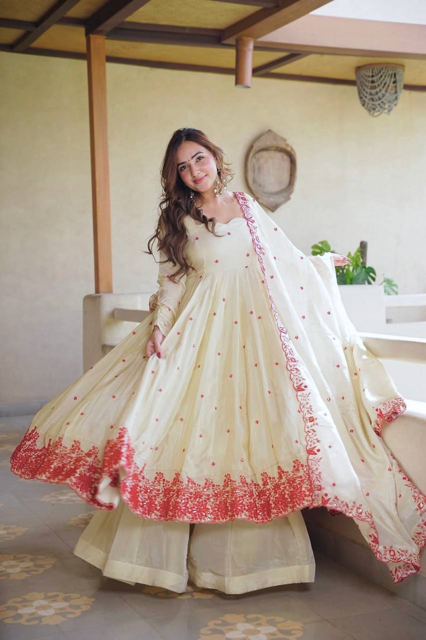 Ivory Cream Floral Embroidered Anarkali Gown with Delicate Red Butti Work, Intricate Floral Hem Border & Matching Dupatta