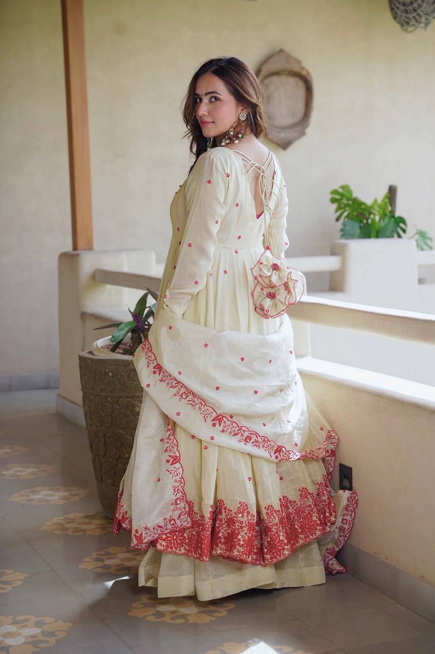 Ivory Cream Floral Embroidered Anarkali Gown with Delicate Red Butti Work, Intricate Floral Hem Border & Matching Dupatta
