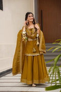 Royal Mustard Yellow Chanderi-Style Kurta Sharara Ensemble with Intricate Gota Work & Tassel-Detail Dupatta
