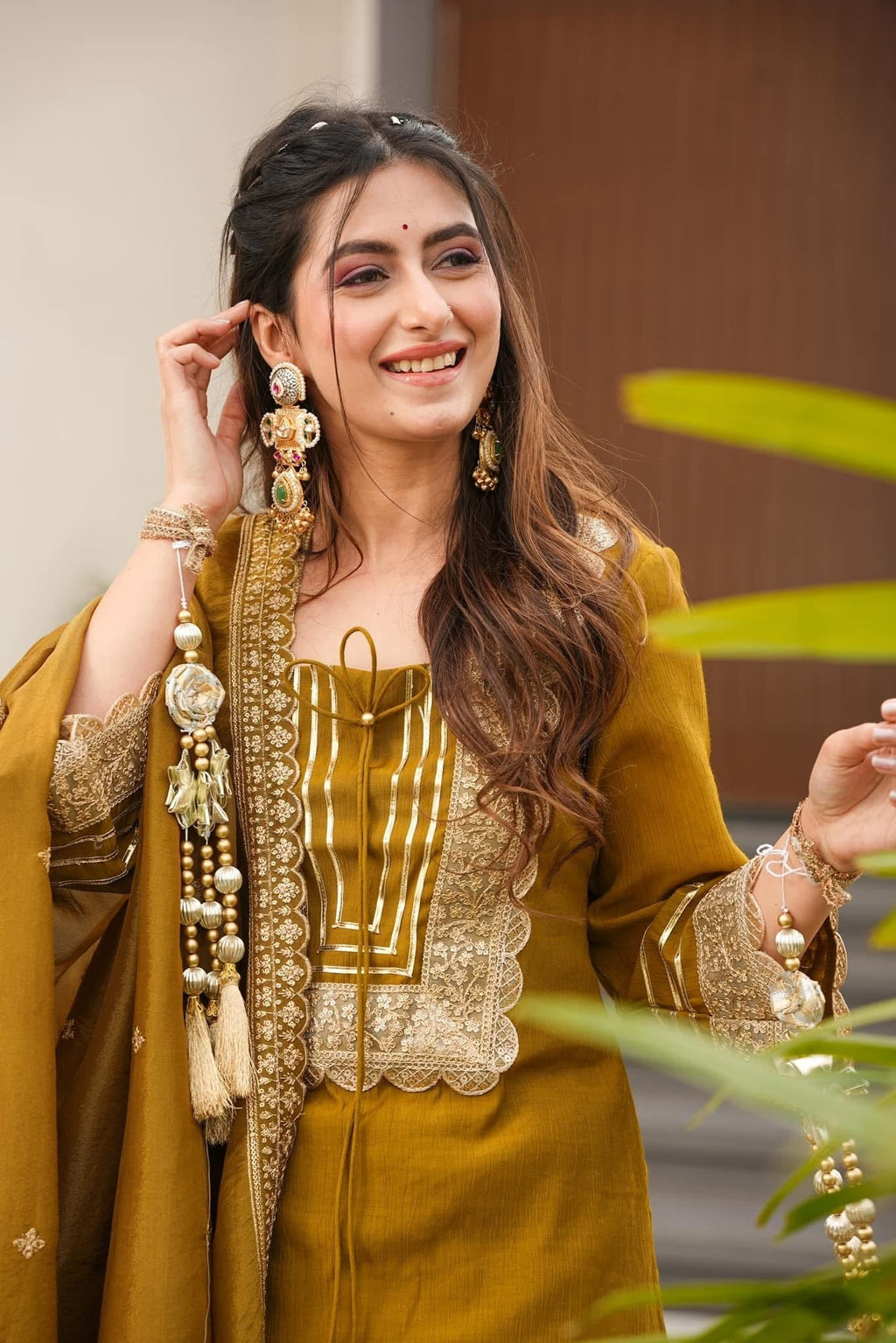 Royal Mustard Yellow Chanderi-Style Kurta Sharara Ensemble with Intricate Gota Work & Tassel-Detail Dupatta