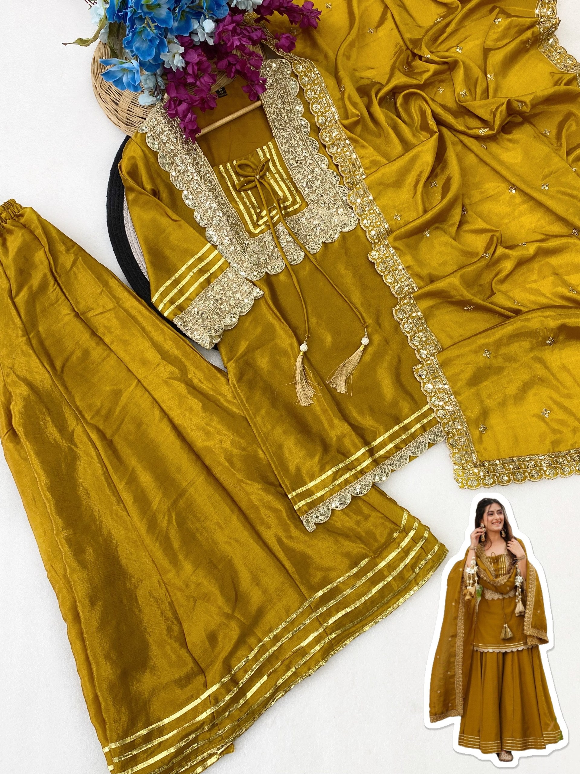 Royal Mustard Yellow Chanderi-Style Kurta Sharara Ensemble with Intricate Gota Work & Tassel-Detail Dupatta