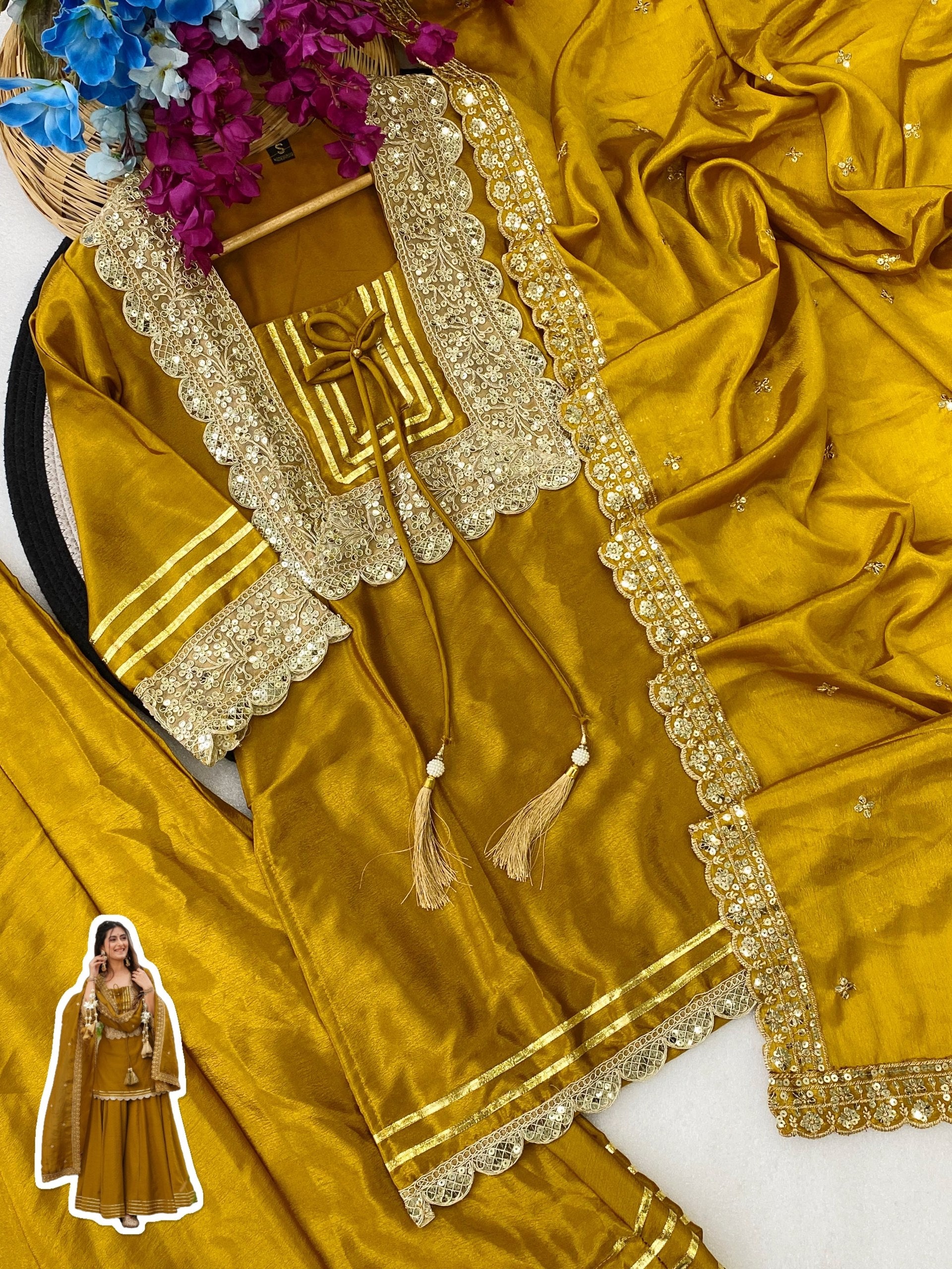 Royal Mustard Yellow Chanderi-Style Kurta Sharara Ensemble with Intricate Gota Work & Tassel-Detail Dupatta