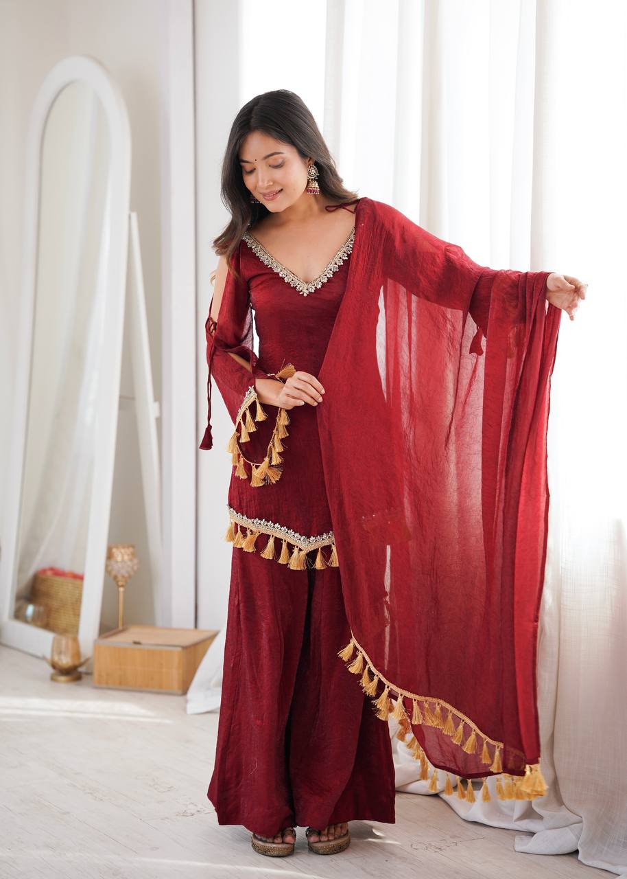 Royal Maroon Silk Ensemble with Mirror Lace Border & Handcrafted Tassel Dupatta