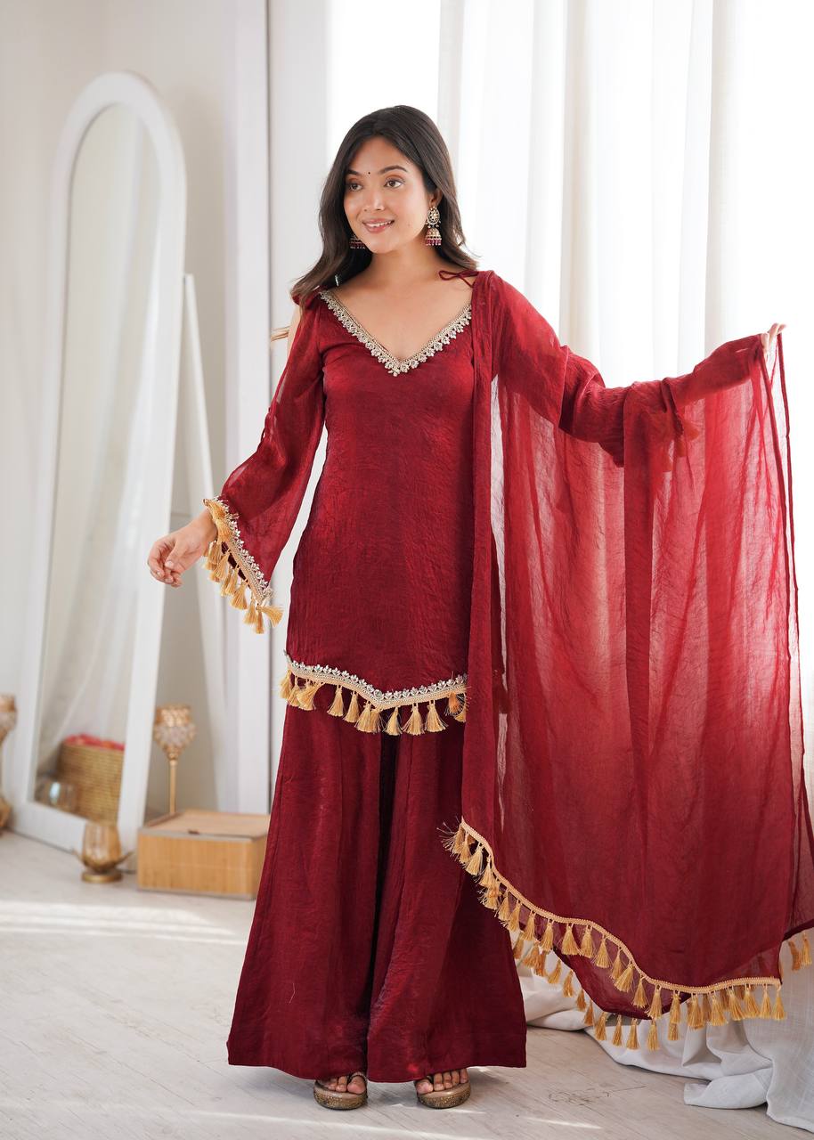 Royal Maroon Silk Ensemble with Mirror Lace Border & Handcrafted Tassel Dupatta
