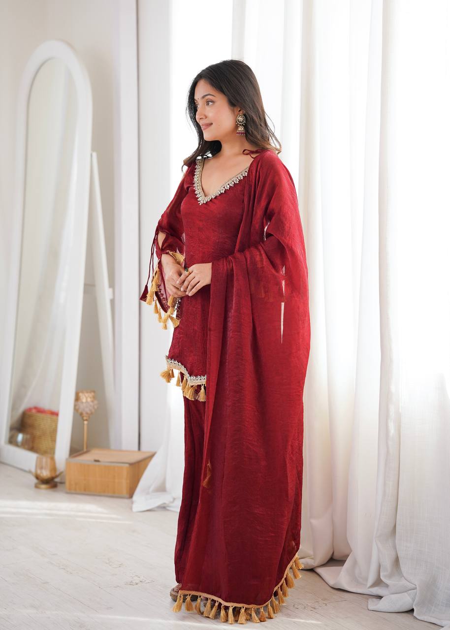 Royal Maroon Silk Ensemble with Mirror Lace Border & Handcrafted Tassel Dupatta