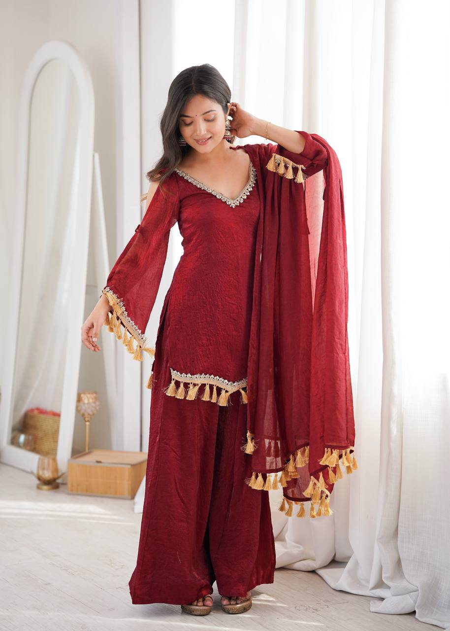 Royal Maroon Silk Ensemble with Mirror Lace Border & Handcrafted Tassel Dupatta