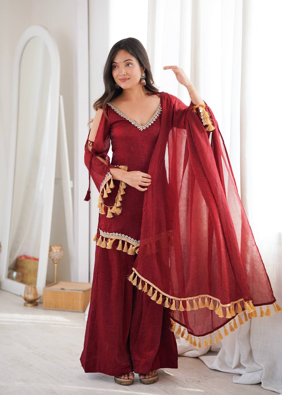 Royal Maroon Silk Ensemble with Mirror Lace Border & Handcrafted Tassel Dupatta