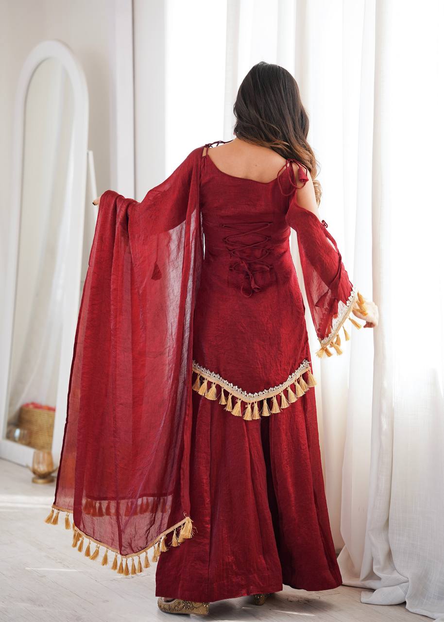 Royal Maroon Silk Ensemble with Mirror Lace Border & Handcrafted Tassel Dupatta