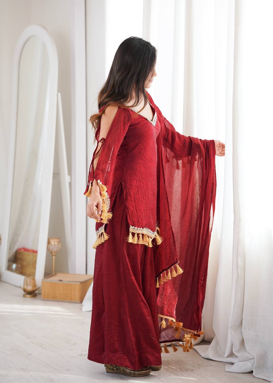 Royal Maroon Silk Ensemble with Mirror Lace Border & Handcrafted Tassel Dupatta