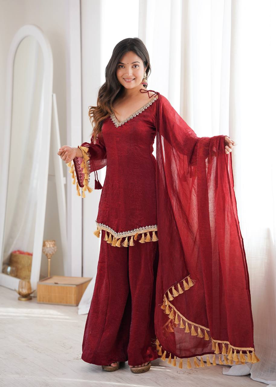 Royal Maroon Silk Ensemble with Mirror Lace Border & Handcrafted Tassel Dupatta