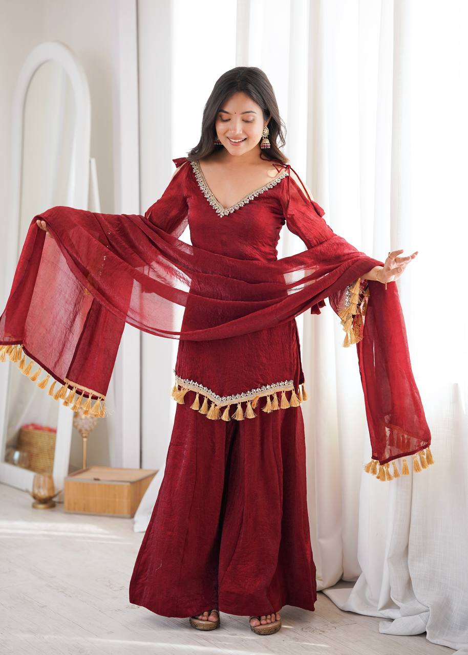 Royal Maroon Silk Ensemble with Mirror Lace Border & Handcrafted Tassel Dupatta