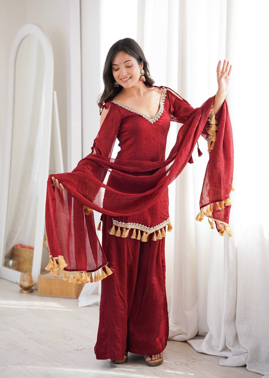 Royal Maroon Silk Ensemble with Mirror Lace Border & Handcrafted Tassel Dupatta