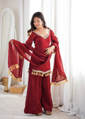 Royal Maroon Silk Ensemble with Mirror Lace Border & Handcrafted Tassel Dupatta