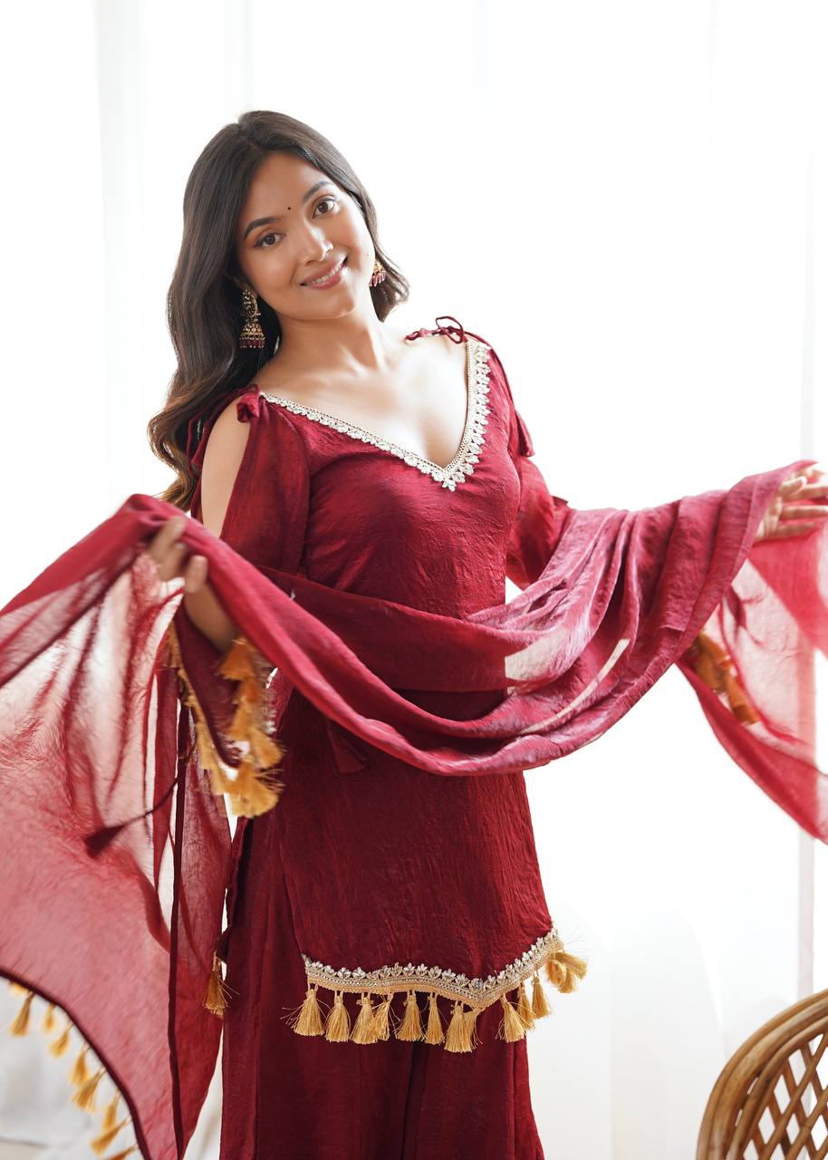 Royal Maroon Silk Ensemble with Mirror Lace Border & Handcrafted Tassel Dupatta