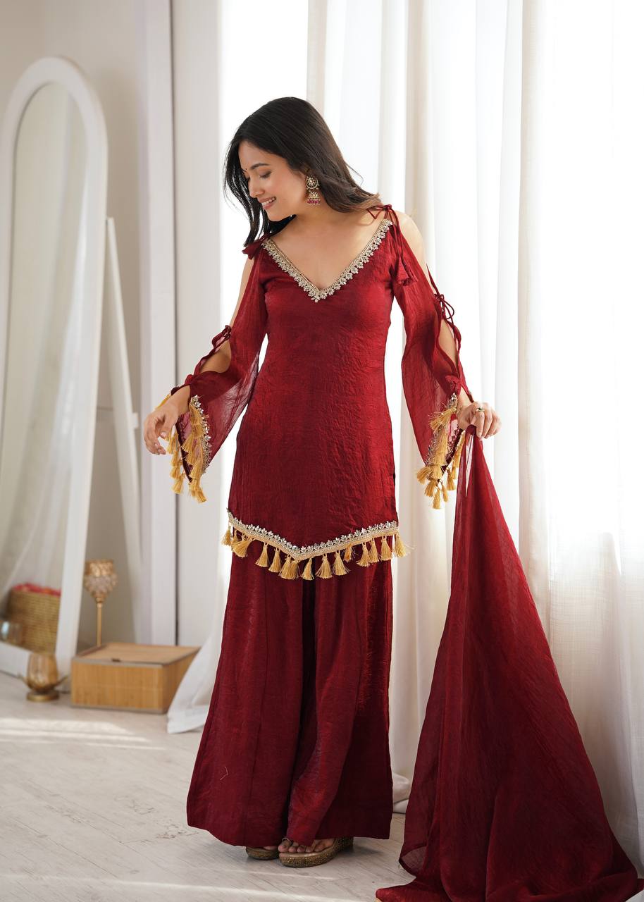 Royal Maroon Silk Ensemble with Mirror Lace Border & Handcrafted Tassel Dupatta
