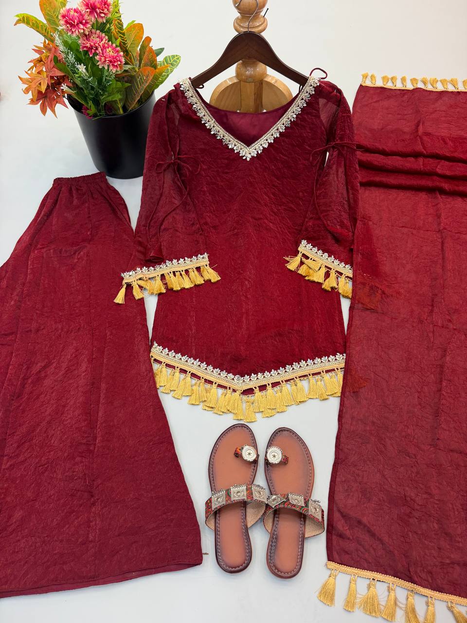 Royal Maroon Silk Ensemble with Mirror Lace Border & Handcrafted Tassel Dupatta