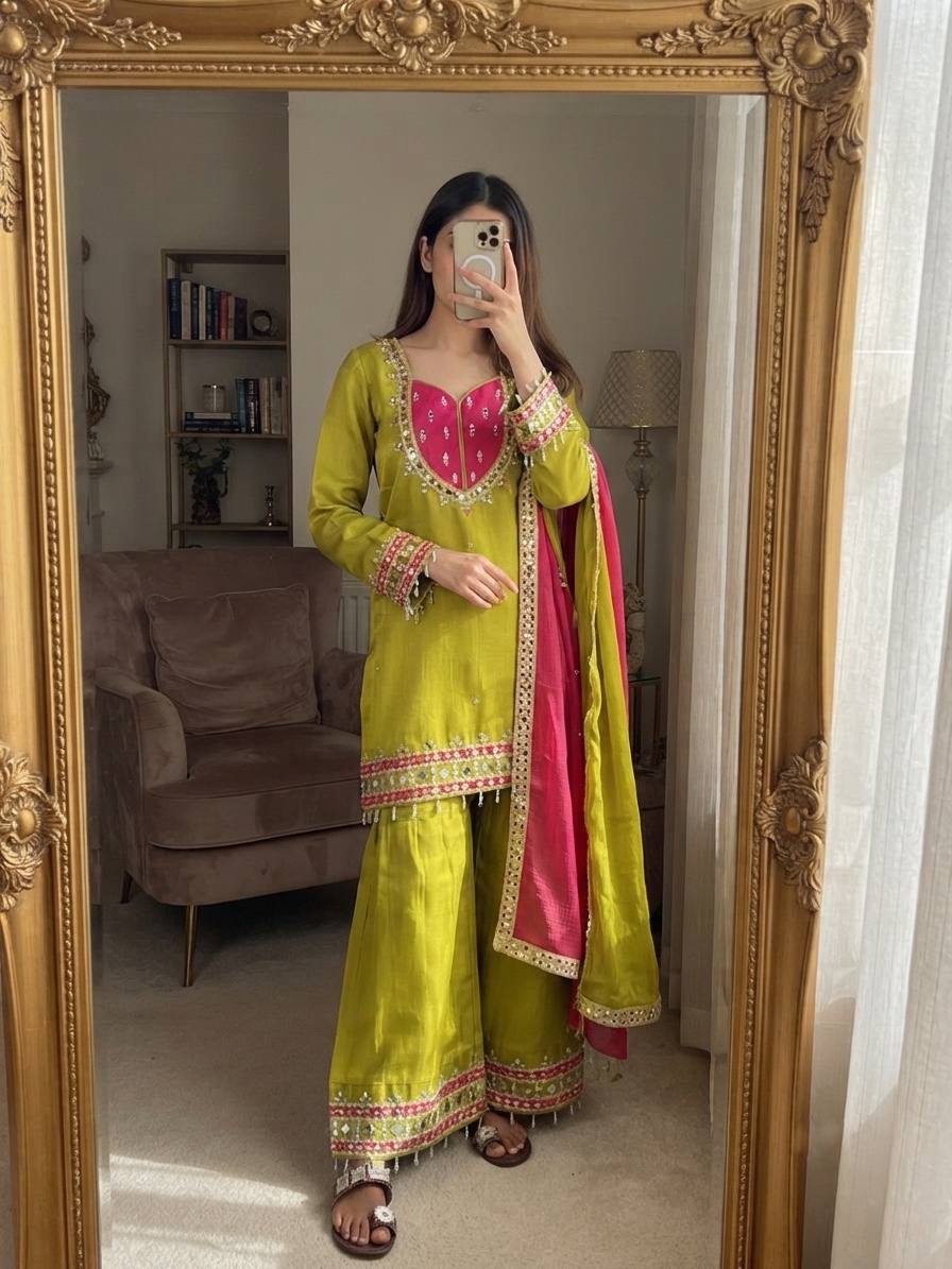 Olive Lime Green & Rani Pink Embroidered Sharara Suit Set with Ornate Yoke, Mirror-Style Border Work & Contrast Dupatta