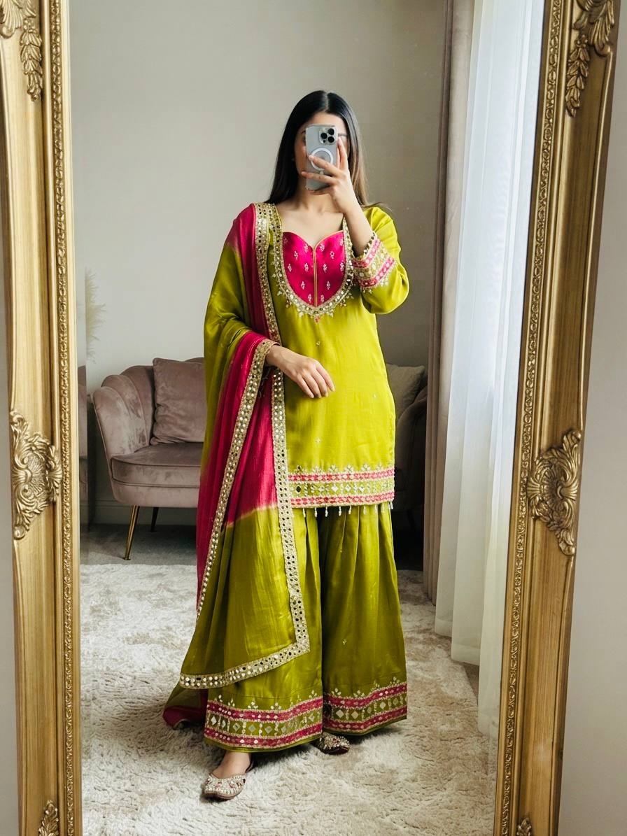 Olive Lime Green & Rani Pink Embroidered Sharara Suit Set with Ornate Yoke, Mirror-Style Border Work & Contrast Dupatta