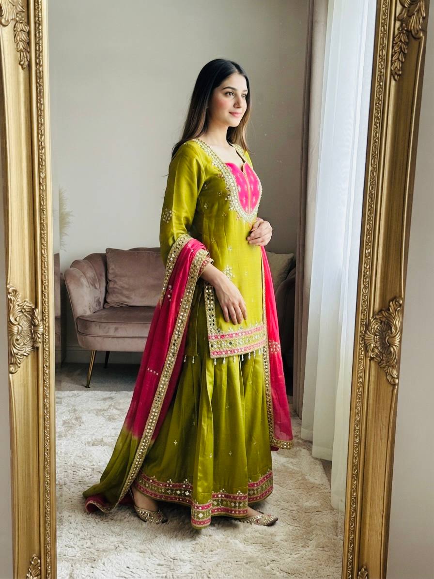 Olive Lime Green & Rani Pink Embroidered Sharara Suit Set with Ornate Yoke, Mirror-Style Border Work & Contrast Dupatta