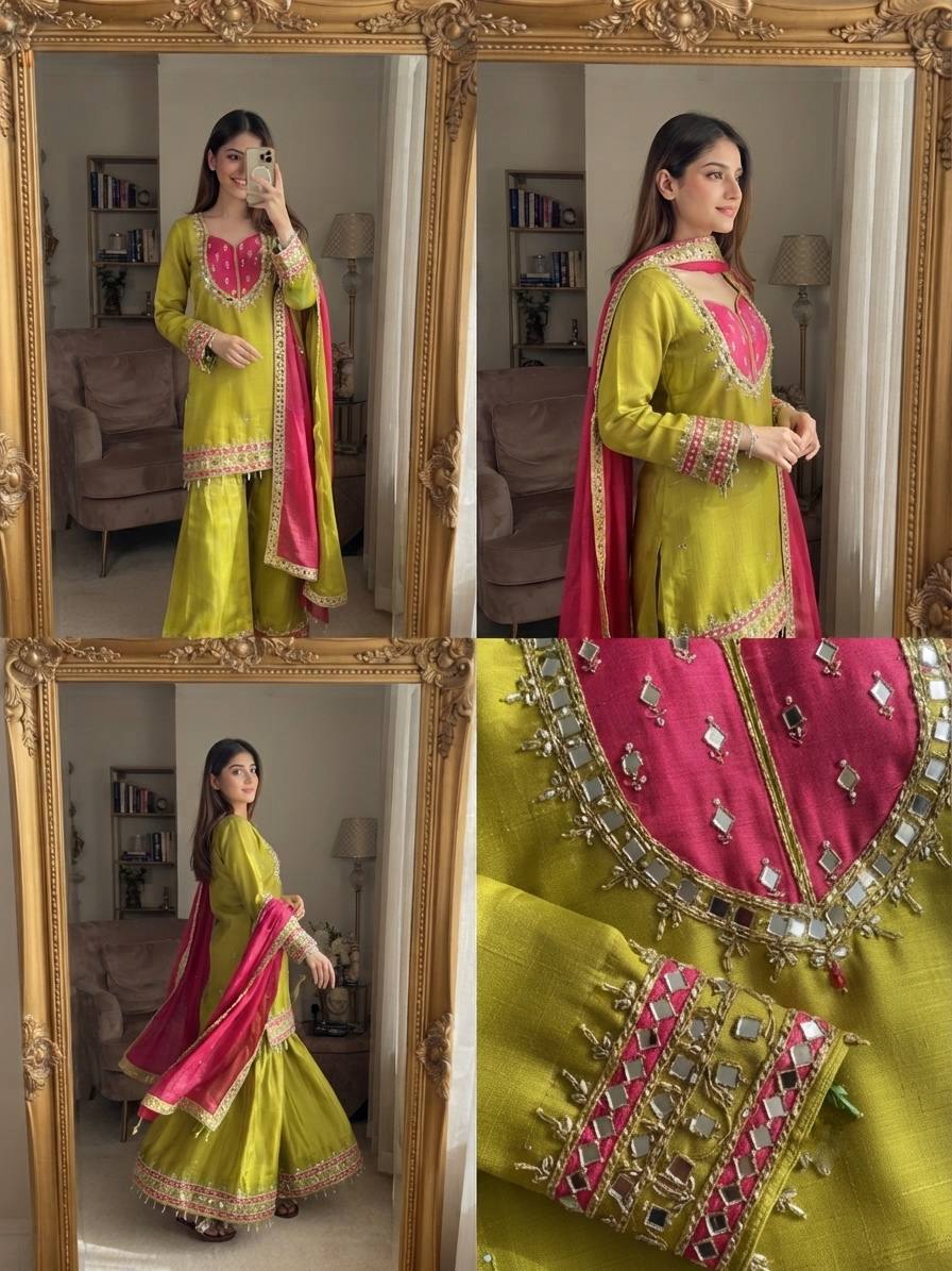 Olive Lime Green & Rani Pink Embroidered Sharara Suit Set with Ornate Yoke, Mirror-Style Border Work & Contrast Dupatta