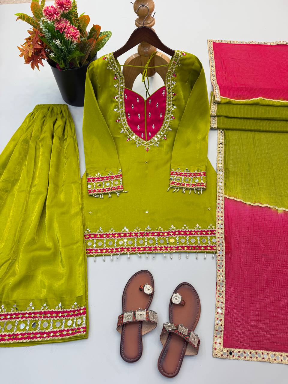 Olive Lime Green & Rani Pink Embroidered Sharara Suit Set with Ornate Yoke, Mirror-Style Border Work & Contrast Dupatta