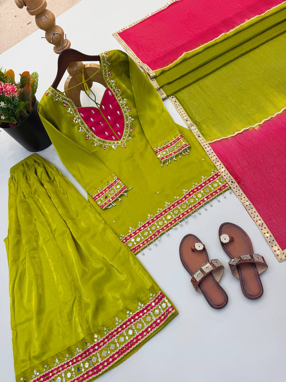 Olive Lime Green & Rani Pink Embroidered Sharara Suit Set with Ornate Yoke, Mirror-Style Border Work & Contrast Dupatta