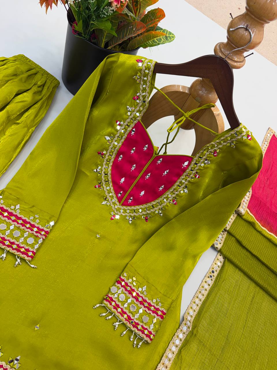 Olive Lime Green & Rani Pink Embroidered Sharara Suit Set with Ornate Yoke, Mirror-Style Border Work & Contrast Dupatta