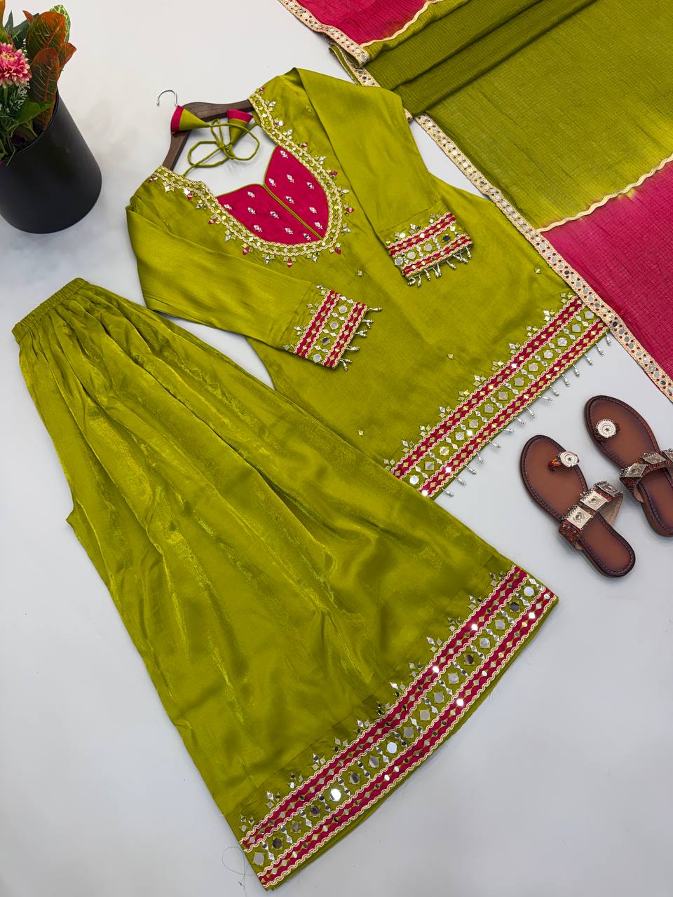 Olive Lime Green & Rani Pink Embroidered Sharara Suit Set with Ornate Yoke, Mirror-Style Border Work & Contrast Dupatta
