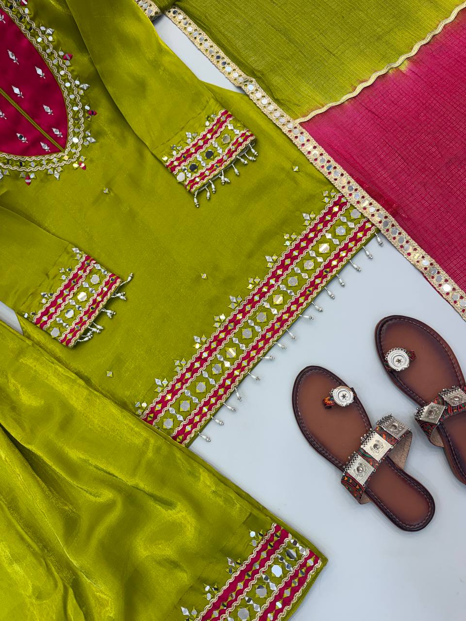 Olive Lime Green & Rani Pink Embroidered Sharara Suit Set with Ornate Yoke, Mirror-Style Border Work & Contrast Dupatta